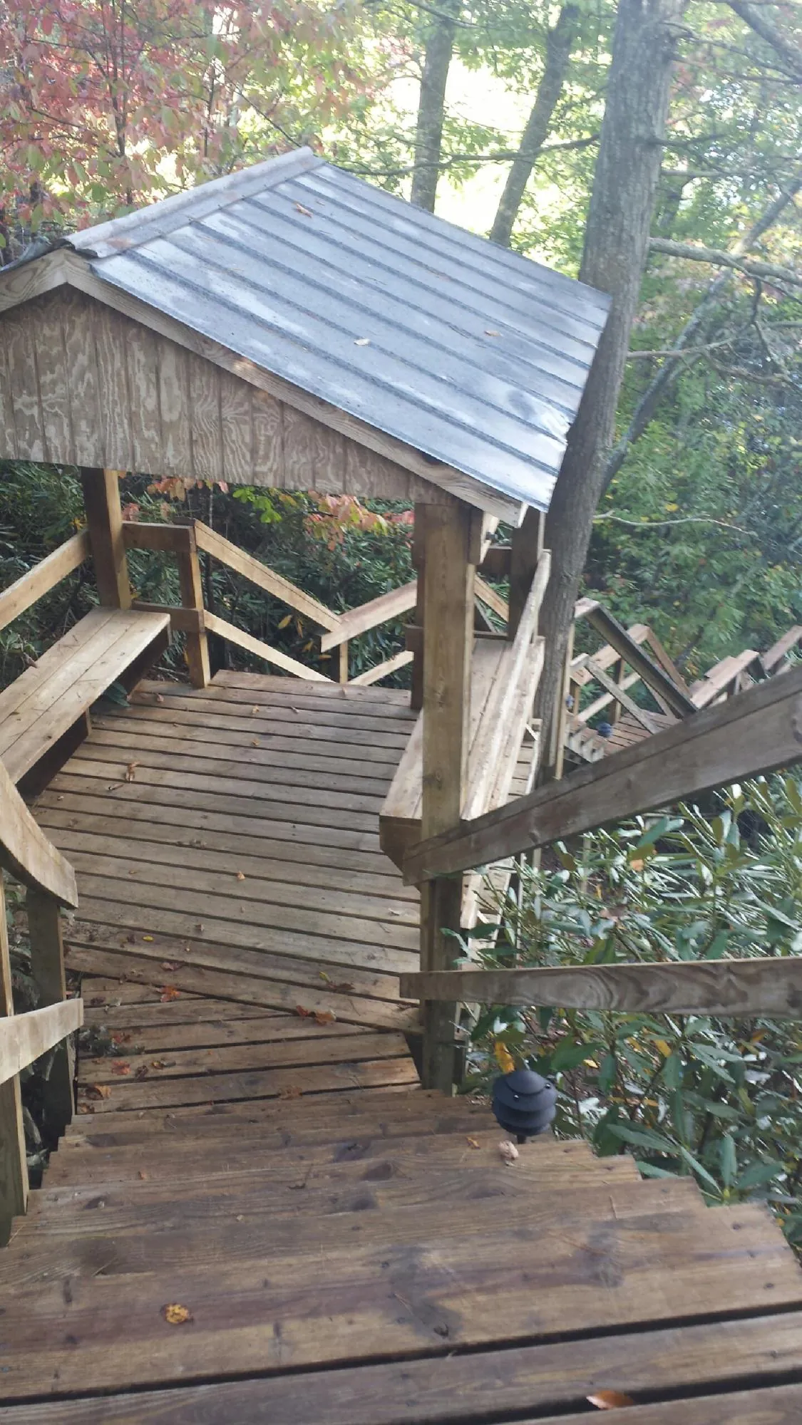 Metal roofed shelter over wooden steps on a wooded walkway — Skylight Repair & Installation work by our crew in Mc Calla